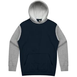 A hooded jumper featuring a navy body and grey sleeves, with a kangaroo pocket and a logo on the inside.