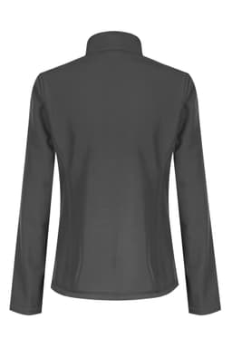 A soft shell jacket in dark grey, featuring a clean back design and a high collar. Includes a logo.