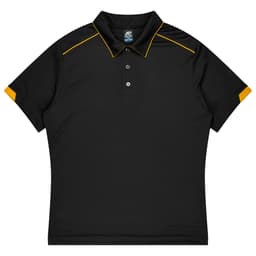 A black polo shirt featuring yellow accents and a collar, suitable for sports uniforms. It includes a logo.