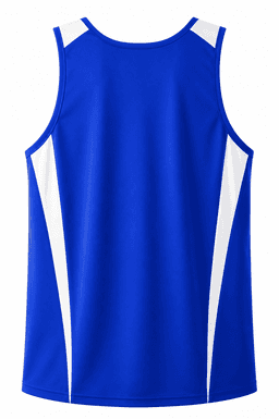 A blue men's singlet with white side panels and a simple design. It features a logo on the back.
