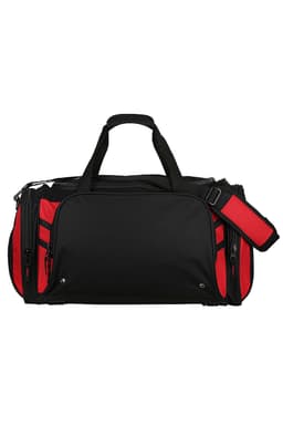 A black and red duffle bag with a shoulder strap and multiple zippers, featuring a logo.
