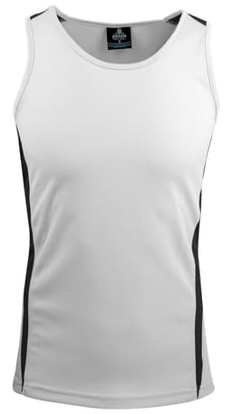 A white singlet with black side panels, featuring a logo on the neck label.