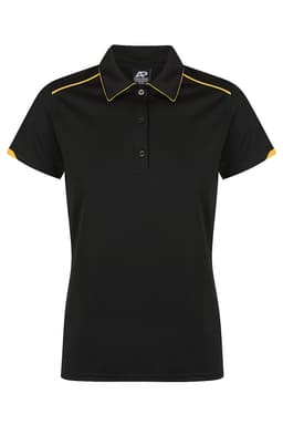 A black polo shirt with yellow accents, featuring a collar and buttons, designed for women's wear. It has a logo.
