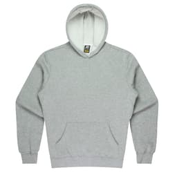 A grey kids hoodie featuring a front pocket and an attached hood, with a logo visible.