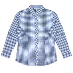 A blue and white checkered long sleeve button-up shirt, featuring a collar and a logo.