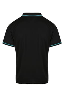 A black polo shirt featuring contrasting coloured detailing on the collar and sleeves. It has a logo on the chest.
