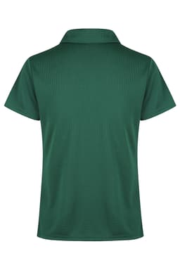 A green polo shirt featuring a collar, designed without visible logos or text, showcasing a smooth fabric texture.