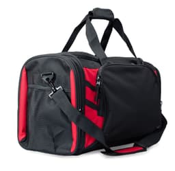 A black and red duffle bag with a shoulder strap and multiple compartments, featuring a branding logo.