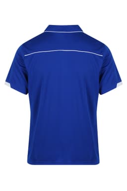 A blue polo shirt featuring a white trim, with a collar and short sleeves. The back view displays a simple design.