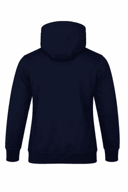 A navy blue hoodie with a kangaroo pocket and a drawstring hood, featuring a logo on the back.