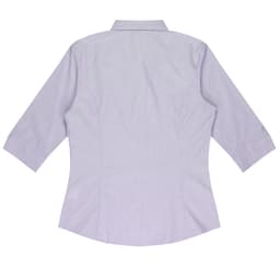 A lilac button-up shirt with 3/4 sleeves, featuring a fitted design and a logo.