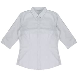 A light green and white striped button-up shirt with 3/4 sleeves and a collar. It features a logo on the design.