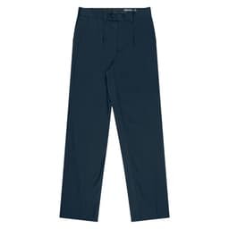 Navy pleated men's pants with a structured design and a waistband featuring a logo.