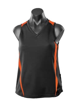 A black singlet with orange accents, featuring a v-neckline and a logo on the side. Suitable for active wear.