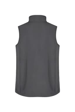 A grey kids' vest with no sleeves, featuring a high collar and stitched detailing, and a logo on the back.