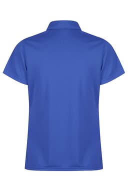 A blue polo shirt with short sleeves and a collar, featuring a small logo on the back.