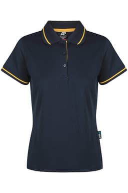 A dark navy polo shirt with yellow trim and a logo on the chest. Short sleeves and a classic collar design.