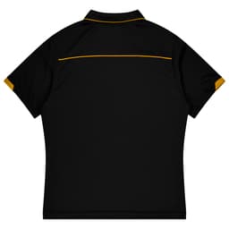 A black polo shirt featuring a yellow accent at the collar and sleeves, with a logo on the back.