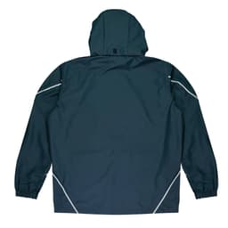 A dark navy jacket featuring a hood and elasticised cuffs, with reflective detailing on the sides.