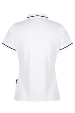 A white polo shirt featuring a classic design with contrasting trim and a logo.