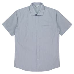 A short-sleeve button-up shirt in light blue with subtle stripes, featuring a single chest pocket and a logo.