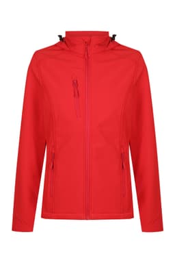 A red soft shell jacket featuring zippered pockets and a zip front, with a high collar. It includes a logo on the design.