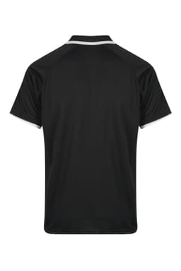 A black men's polo shirt featuring a contrasting collar and sleeve detail. The back view shows a smooth fabric and a logo.
