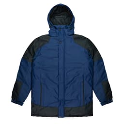 A navy blue and black men's jacket with a hood, featuring a zip and button closure. It has a logo on it.