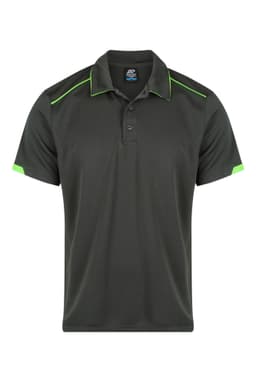 A dark green polo shirt featuring bright green accents and a logo on the chest.