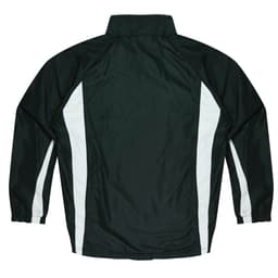 A dark green tracktop with white side panels, featuring a collar and elasticised cuffs. Includes brand logo.