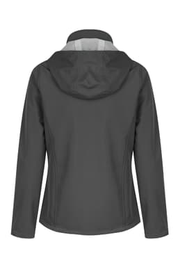 A soft shell jacket in dark grey with a hood, featuring a sleek design and tailored fit.