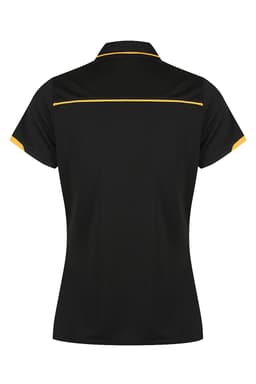A black polo shirt featuring yellow accents and a logo on the back.