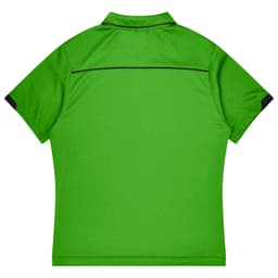 A green polo shirt with black detailing at the sleeves and back. Features a logo on the front.