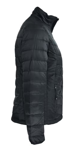 A black puffer jacket with a zip and standing collar, featuring a sleek, quilted design and a logo.