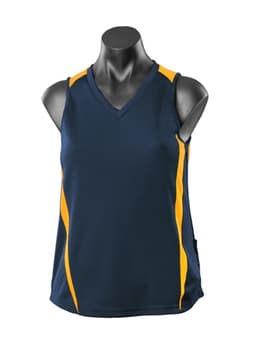 A sleeveless navy singlet featuring yellow side stripes and a v-neck design, displayed on a mannequin.