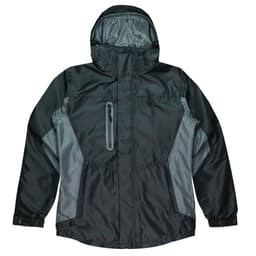 A dark grey and light grey men's jacket featuring a hood and zippered pockets, with a logo on the chest.