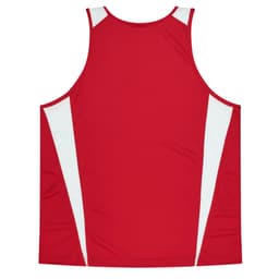 A red singlet featuring white side panels and a logo on the back.