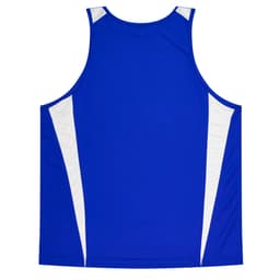 A blue singlet with white accents, featuring a logo on the back. Suitable for casual wear or active use.