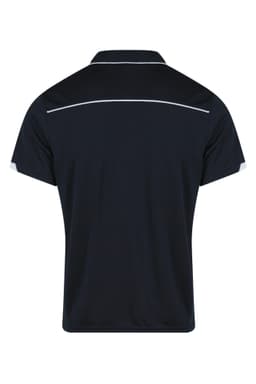 A navy blue polo shirt with contrasting white detailing, featuring a classic collar and short sleeves.