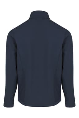 A soft shell jacket in navy blue with a collar and long sleeves, featuring a logo on the back.