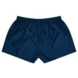 Navy blue rugby shorts with an elastic waistband and a smooth fabric finish, featuring a logo on the waistband.