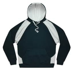 A black and white men's hoodie featuring a front pocket and a drawstring hood. It includes a logo.
