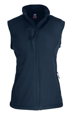 A navy blue vest featuring a high collar, front zip, and side pockets, with a logo on the chest.