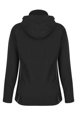 A soft shell jacket in black with a hood and white accents, featuring a logo on the back.