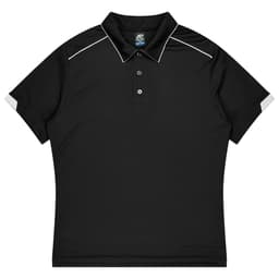 A black sports polo shirt with a collar, featuring white accents and a logo on the left sleeve.