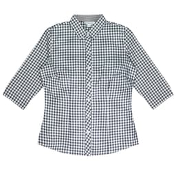 A black and white checked button-up shirt with 3/4 sleeves and a collar, featuring a subtle logo.