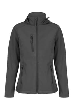 A women's soft shell jacket in dark grey, featuring a hood and zippered pockets, with a branding logo.
