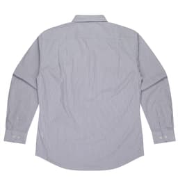 A long sleeve button-up shirt in blue and white stripes with a classic collar and cuffed sleeves. It has a logo.