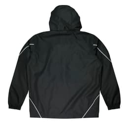 A black jacket with a hood and elastic cuffs, featuring reflective details on the sides.