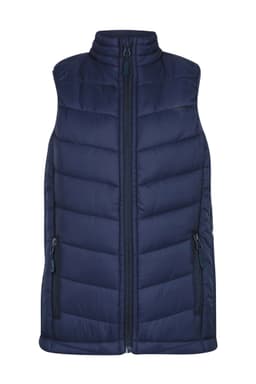 A navy blue puffer vest with a high collar and zippered front, featuring side pockets and a logo.